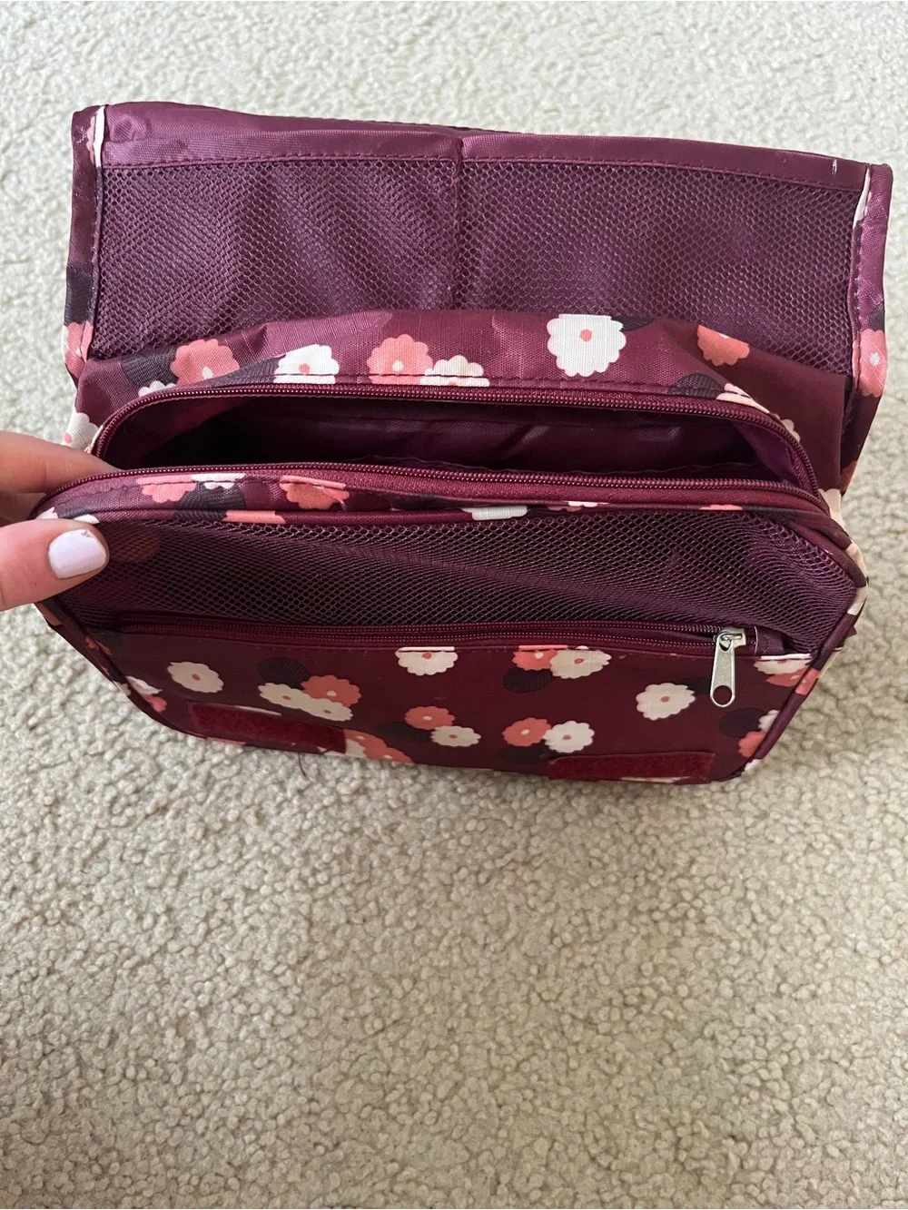 Floral Hanging Travel Toiletry Bag - Burgundy Pink